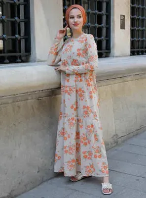 Modanisa Desenli Elbise - Oranj - Tofisa