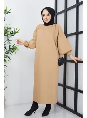 Pamuk Butik Kadın Antrasit Tesettür Balon Kol Triko Elbise