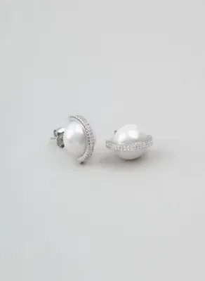 So Chic Zirkon Taşlı 18 Ayar Beyaz Altın Kaplama Gümüş Doğal İnci Küpe