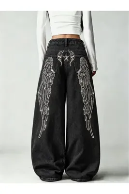 DEEFWEAR Melek Kanadı Taşlı Tasarım Unisex Retro Jean Pantolon