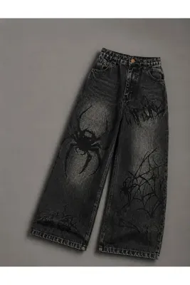 DEEFWEAR Örümcek / Spıder Tasarım Unisex Retro Jean Pantolon