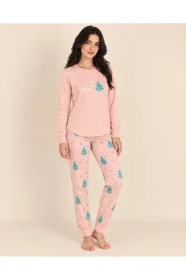 Genel Markalar kadın desenli pembe pamuk pijama takımı