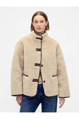 Gap Kadın Bej Recycled Sherpa & Vegan Deri Trim Mont
