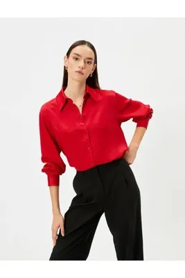 Koton Saten Gömlek Düğmeli Uzun Kollu Manşet Yaka Regular Fit