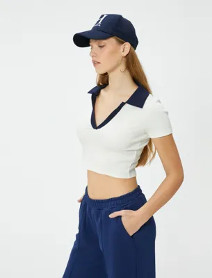 Koton Polo Yaka Crop Tişört Renk Kontrastlı Kısa Kollu Slim Fit