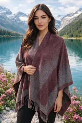ALDAIYR Kadın Kışlık Çift Taraflı Panço Omuz 140x140