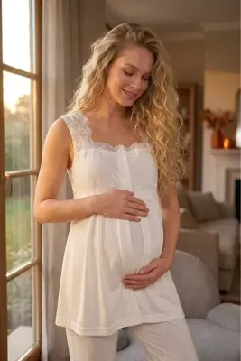 Lohussa Yeni Sezon Ekru Askılı Dantel Detaylı Özel Tasarım Yazlık %100 Pamuk Hamile Lohusa Pijama Takımı