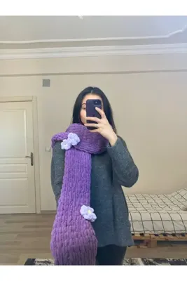 Moda Biçer El Örgüsü Puffy Atkı Şal Çiçekli
