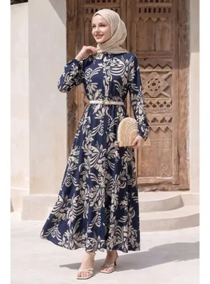InStyle Soft Desenli Kemerli Lacivert Elbise