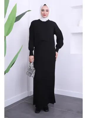 İmajButik Siyah Crop Kazak Triko Elbise İkili Kombin