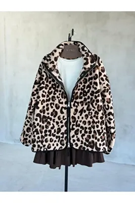 By Pakize Fermuarlı Leopar Desenli Peluş Teddy Cepli Ceket