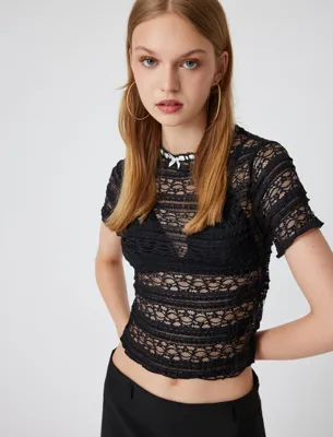 Koton Fiyonklu Tişört Dantel Kısa Kollu Dik Yaka Slim Fit
