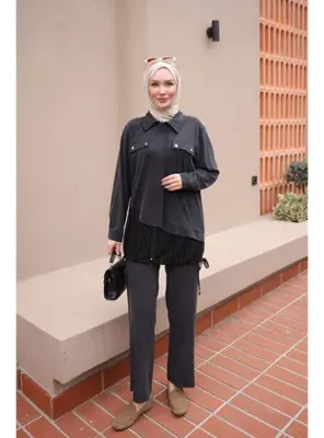 İmaj Butik Antrasit Fermuarlı Alt Bağlamalı Tunik Pantolonlu Takım