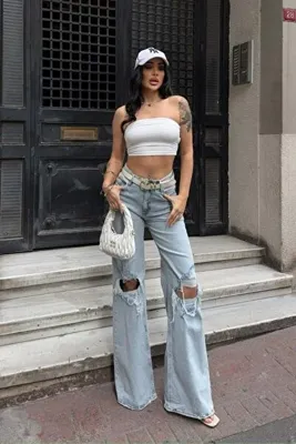 What's Up Whatsup Yüksek Bel Ispanyol Yırtık Detaylı Pantolon - Denim