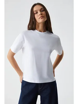 Grimelange REMSOS Kadın Oversize Bisiklet Yaka Kısa Kol BEYAZ T-Shirt