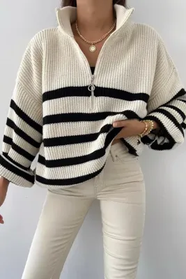 NQX PULL PROFESSIONAL Çizgili Fermuarlı Kazak Oversize Kombin Salaş Yarım Fermuarlı Kışlık Selanik Fitilli Triko Kazak