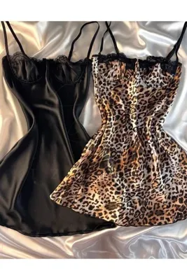 Harness İzora SİYAH ve LEOPAR Dantel Detaylı Askılı Saten Mini Elbise (2'Lİ PAKET)