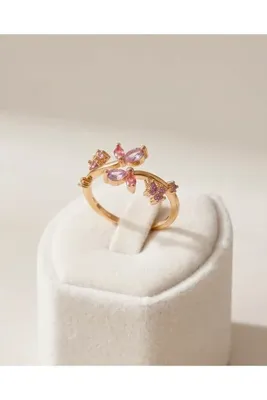Portakal Esintisi Rosavelle Pembe Zirkon Taşlı Çiçek Motifli Ayarlanabilir Yüzük