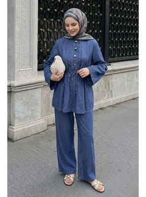 InStyle Nervürlü İp Bağcıklı Mavi Kot Takım