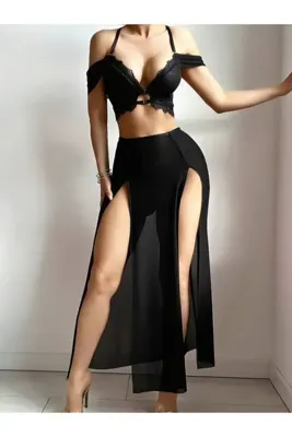 Best Dream Kadın Uzun Yırtmaçlı Sexy Gecelik Tanga Hediyeli