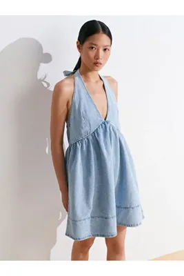 Dilvin 90571 %100 Pamuk Önü Büzgülü Mini Denim Elbise
