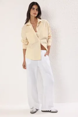 TRENDYOLMİLLA Sarı Çizgili Oversize Geniş Kalıp Dokuma Gömlek TWOAW23GO00359