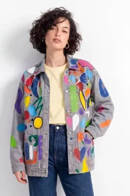 poupee El Boyaması Renkli Kadın Denim Ceket, Kot Ceket