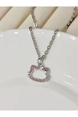 Hello Kitty Kedi Zirkon Pembe Taşlı Parlak Kolye