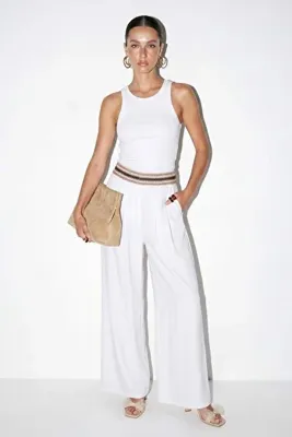 Drop by TrendyolMilla Beyaz Nakışlı Lastikli Bel Geniş Paça Pantolon TDRSS26PL00018