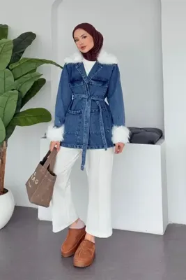 BUTİK C Kürk Detay Kot Ceket Açık Mavi