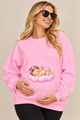 ArtYus Bulut Üzerinde Uyuyan Kız Bebek Baskılı Hamile Oversize Sweatshirt – Bisiklet Yaka Salaş Günlük Sweat