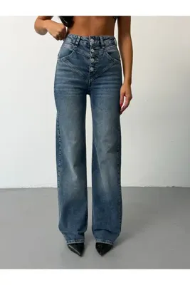 HerTon Kadın Yüksek Bel Çok Düğmeli Korsaj Detaylı Wide Leg Jean Pantolon