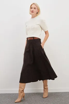 Fulla Moda Kırçıllı Kemerli Maxi Boy Etek