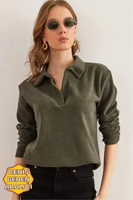 Olalook Kadın Haki Polo Yaka Selanik Bluz BLZ-19002810