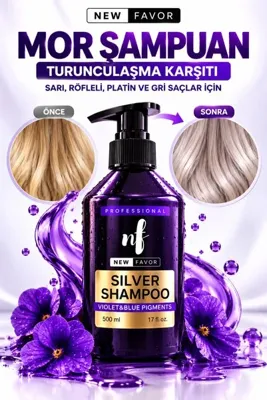 New Favor Silver Mor Şampuan 500 ml – Sarı ve Turuncu Tonları Nötrleyici, Boyalı ve Röfleli Saçlar İçin