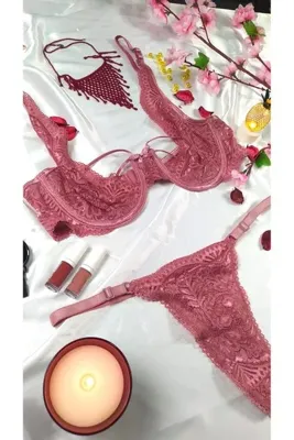 mendoza store Gül Kurusu Dantel Tanga Külotlu Sütyen Takım