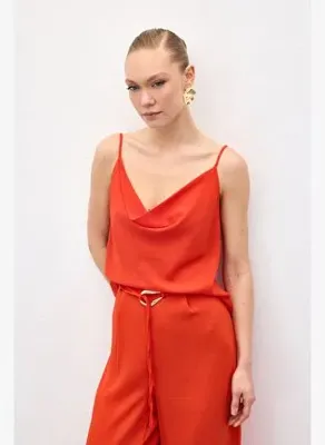 Sateen Degaje Yaka Dökümlü Bluz - Oranj