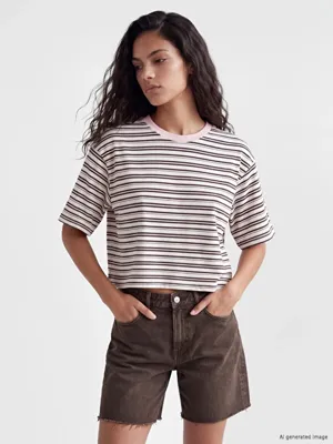 XSIDE Çizgili Oversize %100 Pamuklu Kadın Tişört