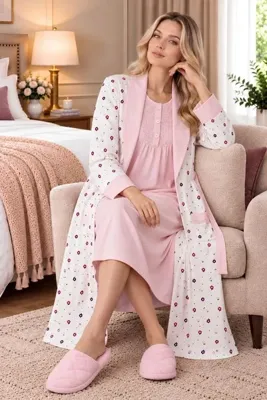 Mecit Pijama Kadın Büyük Beden Uzun Kollu Sabahlıklı Gecelik Melisa Kumaş 2'Li Takım %75 Pamuk %25 Viskon