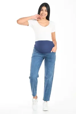 BUSA Hamile Esnek Karın Bantlı Arka Kemerli Mom Fit Kot Pantolon MAVİ