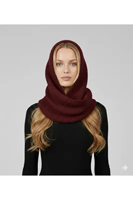 Loov Kapşonlu Triko Balaclava Atkı – Yumuşak Dokulu Şık Hood Atkı - bordo Triko Atkılı Balaclava