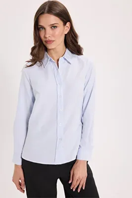 Tudors Kadın Slim Fit Dar Kesim Uzun Kollu Pamuklu Vücuda Oturan Dokulu Mavi Basic Gömlek