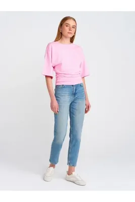 Dilvin 71779 Lazer Yıkama Likralı Denim Mom Pantolon-Mavi