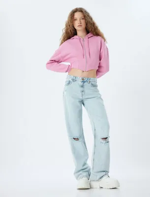 Koton Şardonlu Crop Sweatshirt Fermuarlı Korse Görünümlü Kapüşonlu