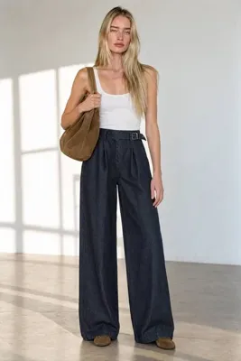 Sue Store Lacivert Ultra Yüksek Bol Paça Toka Detaylı Denim Pantolon