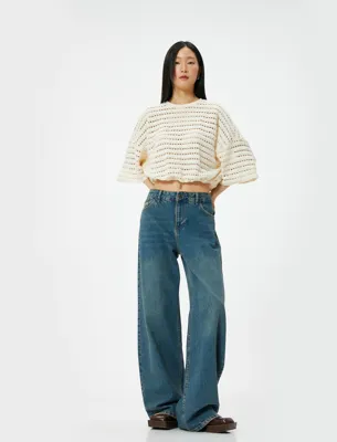 Koton Ajurlu Kroşe Sweatshirt Yarım Kollu Bisiklet Yaka Beli Lastikli