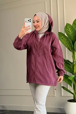 Suede Style 6683 - Şık Rahat Salaş Şeftali Kumaş Taş Detaylı Kapüşonlu Kadın Ceket