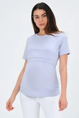 BUSA Hamile Emzirme Detaylı Kısa Kollu T-shirt Lila