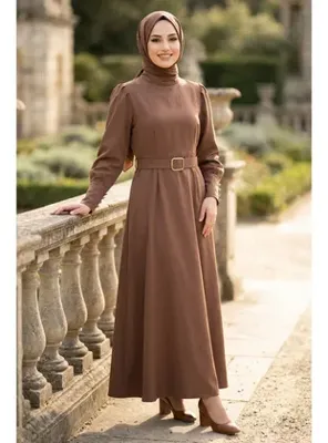 Neva Style Kemerli Omuz Detaylı Double Vizon Tesettür Elbise 15602V