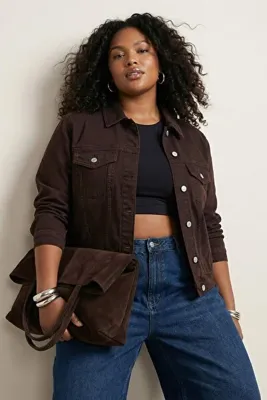 Trendyol Curve Kahverengi Esnek Crop Büyük Beden Denim Ceket TBBSS25AG00007